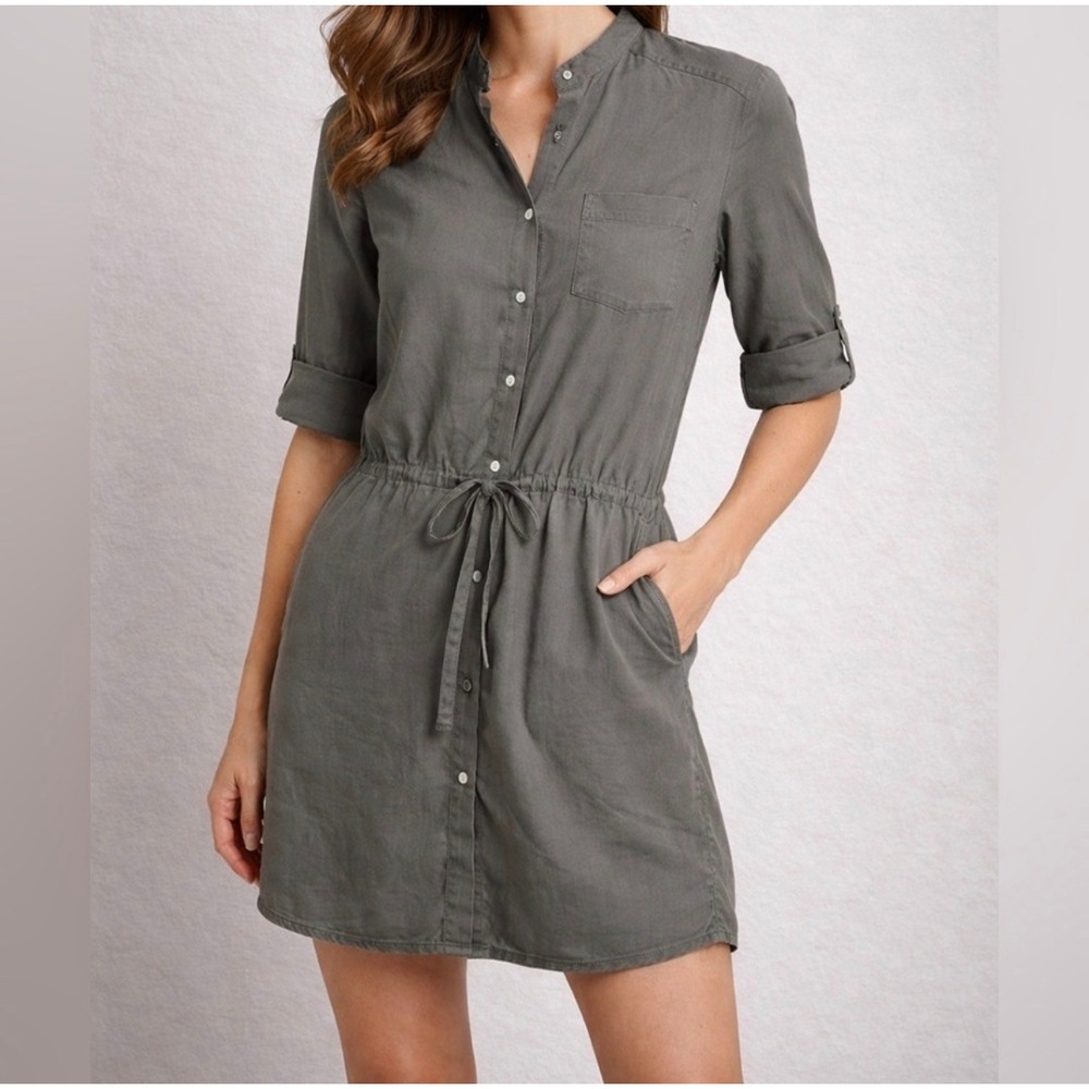 James Perse Linen Shirt Dress Olive Green Grey Drawstring Mini Size 3 Large